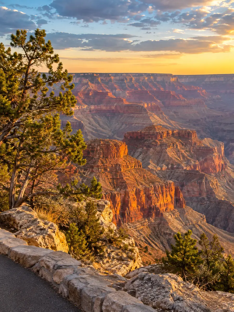 Spätes Licht auf den geschichteten Felswänden unter einem asphaltierten Aussichtspunkt am South Rim